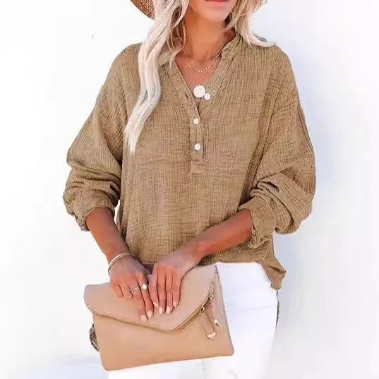 🔥Womens Casual Button V Neck Long Sleeve Shirts Oversized Solid Blouses Tops