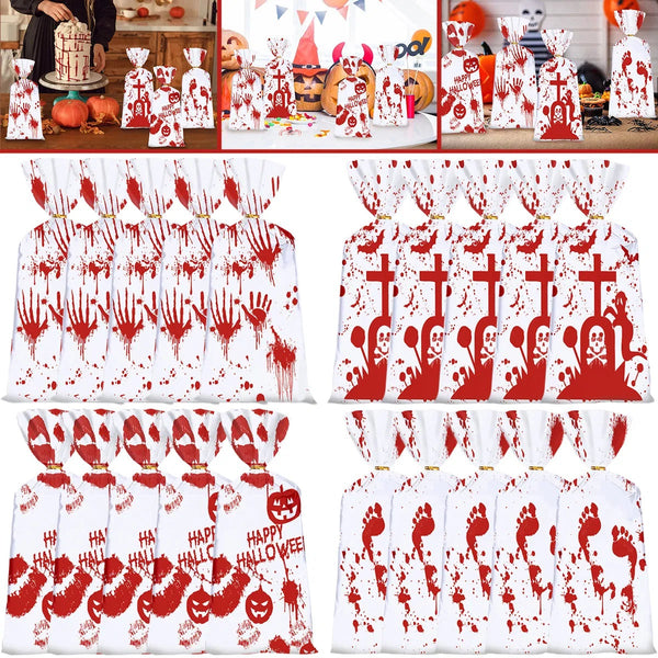 50Pcs Halloween Cellophane Candy Bags With Twist Ties Horrific Bloody Treat Bags 4 Pattern Gift Goody Snack Sweet Bags For Halloween Murder Theme Party Snacks Cookies Gift Wrapping Supplies